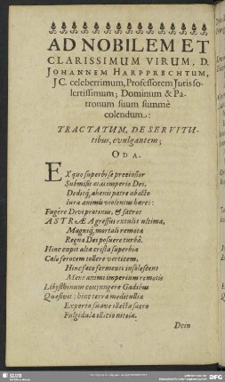 Ad Nobilem Et Clarissimum Virum, D. Johannem Harprechtum ... suum summe colendum: Tractatum, De Servitutibus, evulgantem; Oda