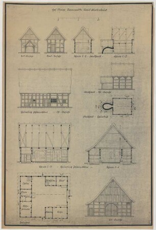 Avenwedde (Kreis Wiedenbrück): Hof Meier Avenwedde. - Backhaus (Grundriss, Ansichten, Schnitte). - Heuerlingshaus (Grundriss, Südostansicht, Schnitte)