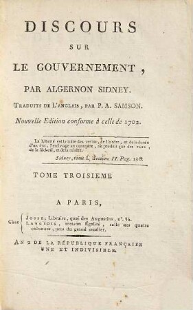Discours Sur Le Gouvernement, Tome Troisieme