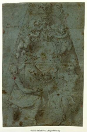 Ovale Barockkartusche mit zwei Mascarons, von zwei nackten Engelkindern gehalten. Unten zwei allegorische Frauengestalten