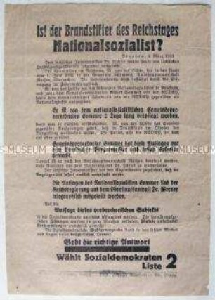 Flugblatt der SPD zum Reichstagsbrand