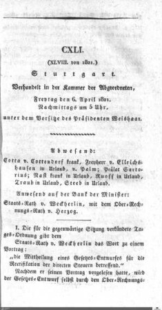 141. Sitzung, Stuttgart, 6.4.1821
