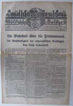 Völkisch-nationalistische Wochenzeitung "Deutsche Wochenschau" mit einem Leitartikel von Ludendorff über Freimaurerei