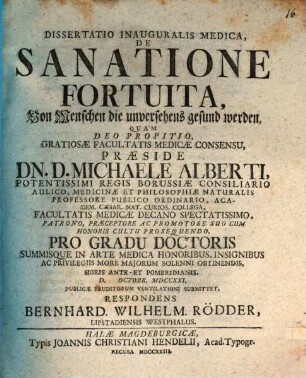 Dissertatio Inauguralis Medica, De Sanatione Fortuita : = Von Menschen die unversehens gesund werden