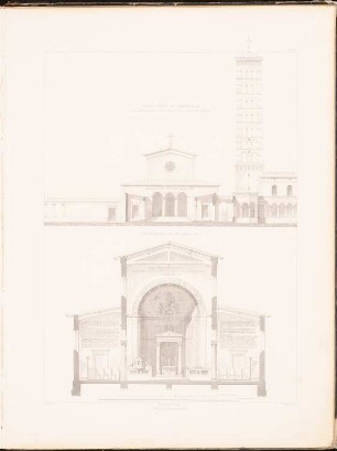 Die Friedenskirche in Sanssouci, Potsdam: Vorderansicht, Querschnitt (aus: Entwürfe zu Kirchen, Pfarr- und Schulhäusern, hrsg. von der Kgl. Preuß. Oberbaudeputation, 1845-1855)