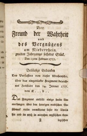 zweiten Jahrgang sechstes Stück. Den 13ten Februar 1777.