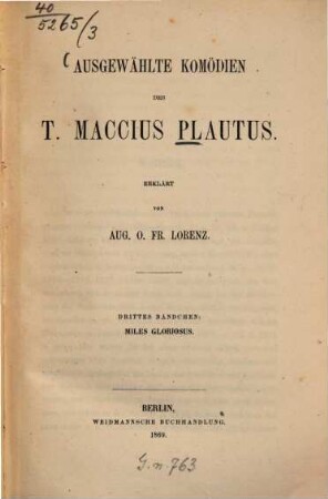 Ausgewählte Komödien des T. Maccius Plautus. 3