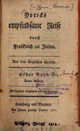 Yoricks empfindsame Reise durch Frankreich und Italien : Aus dem Englischen übersetzt, Erster Band