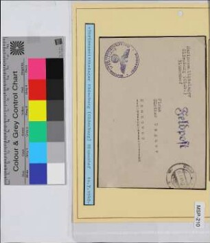 Dienstbrief, Schiffsname/Landeinheit: Marine-Sanitätslager Oldenburg; Frankatur, Mi.-Nr.: [Keine]; Poststempel: aptiert: 10.7.42.-18; Nebenstempel: Kriegsmarine Marinesanitätslager Wilhelmshaven