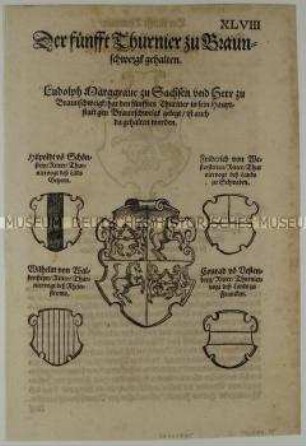 Fünftes Turnier zu Braunschweig im Jahr 996 - Stadt- und Familienwappen (S. XLVIII aus dem Turnierbuch/1. Teil)