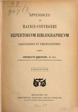 Appendices ad Hainii-Copingeri repertorium bibliographicum : Additiones et emendationes, 3