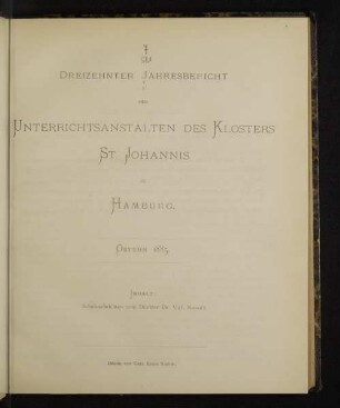 13.1885: Jahresbericht der Unterrichtsanstalten des Klosters St. Johannis zu Hamburg
