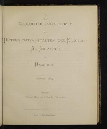 13.1885: Jahresbericht der Unterrichtsanstalten des Klosters St. Johannis zu Hamburg