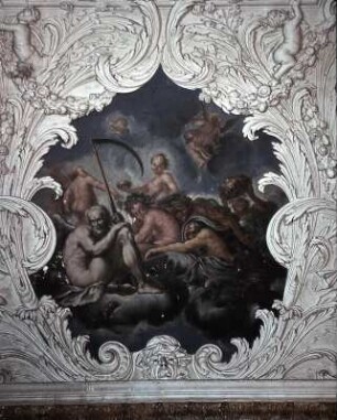 Bacchus, Saturn und andere Figuren mit umgebendem Stuck