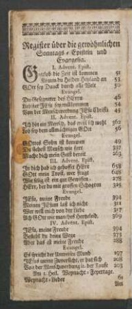 Register ueber die gewoehnlichen Sonntags-Episteln und Evangelia