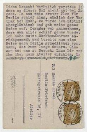 Merz-Postkarte von Kurt Schwitters an Hannah Höch [und Til Brugman] mit Abbildung: "Kurt Schwitters. Bild rot Herz-Kirche". Hannover