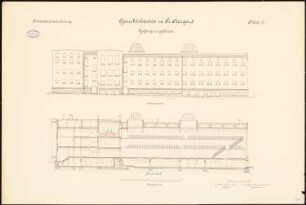 Gerichtsbauten, Preußisch Stargard Gefängnisgebäude: Längsschnitt, Seitenansicht 1:100