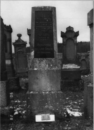 Grabstein 33 (Index: 100114936) Material: ? und polierter Granit Zustand: Textplatte mehrfach zerbrochen und repariert Maße HxBxT: 216x60x32 cm Beschreibung: Stele auf gestuftem Sockel, eingesetzte Textplatte: Grabstein 33