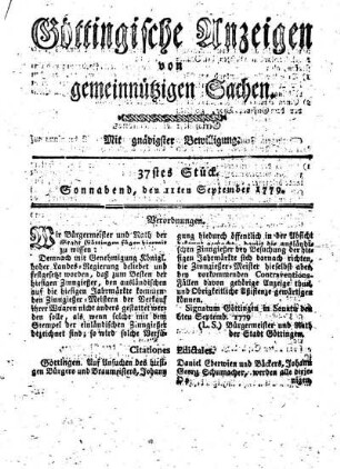 37tes Stück. Sonnabend, den 11ten September 1779.