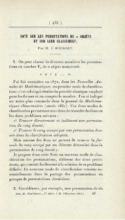 Note sur les permutations de n objects et sur leur classement.