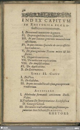 Index Capitum In Rhetorica Ecclesiastica contentorum