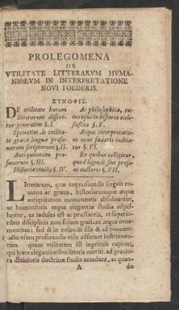 Prolegomena De Utilitate Litterarum Humaniorum In Interpretatione Novi Foederis
