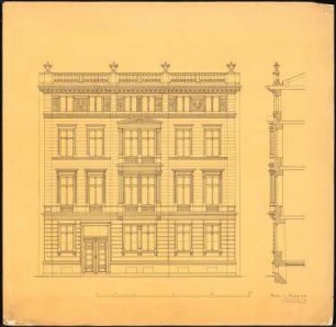 4-geschossiges Wohnhaus: Aufriss, Fassadenschnitt, Maßstabsleiste