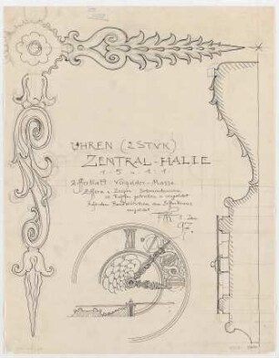 Thiersch, Friedrich von; München; Justizpalast - Uhren in der Zentralhalle (Teilansichten, Schnitte)