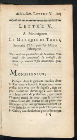 Lettre V. A Monseigneur Le Marquis de Torsi, ... Du caractere particulier de la nation Chinoise ...