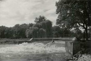 Wehr Großzschocher (Schönen), 18. Juli, 1 Woche nach Höchststand, Hochwasser Juli 1954
