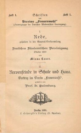 Rede, gehalten in der General-Versammlung der Deutschen Akademischen Vereinigung Oktober 1889