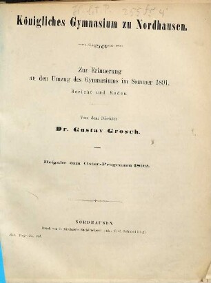 Programm : für das Schuljahr Ostern ... bis Ostern ... 1891/92