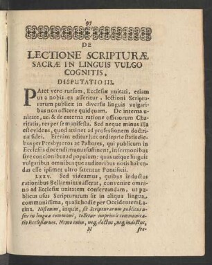 De Lectione Scripturae Sacrae In Linguis Vulgo Cognitis, Disputatio III.
