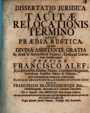 Diss. ... de tacitae relocationis termino, quoad praedia rustica