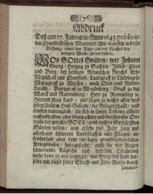 Abdruck des am 27. Januarü Anno 1643. [...] publicirten Churfürstlichen Mandats