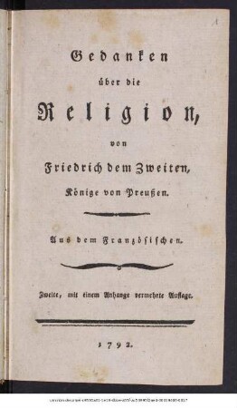 Gedanken über die Religion : Aus dem Französischen