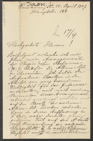 Brief an B. Schott's Söhne : 14.04.1907