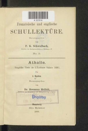 Athalie : tragédie tirée de l'écriture sainte 1691