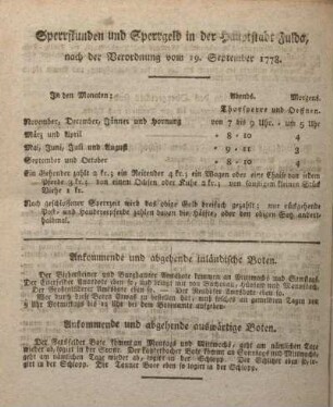 Sperrstunden und Sperrgeld in der Hauptstadt Fulda, nach der Verordnung vom 19. September 1778.