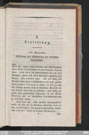 1ste Stunde. Erklärung und Eintheilung der deutschen Sprachlehre.