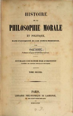 Histoire de la philosophie morale et politique, 2