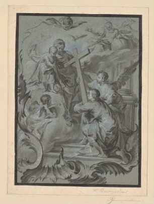 Maria mit Christuskind übergibt einem Knieenden das Kreuz