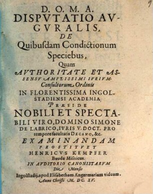 Dispvtatio Avgvralis De Quibusdam Condictionum Speciebus