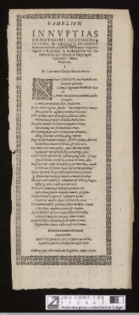 Gamelion In Nvptias Ornatissimi Doctissimiq[ue] Ivvenis. M. Georgii In Arena Schorndorffensis : ducentis lectissimam virginem Agnetem Reuerendi & Praestantissimi viri. D. Melioris Sauteri Pastoris in Kuppingen vigilantiss: filiam