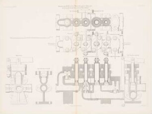 Homberg-Ruhrorter Rhein-Trajektanstalt, Duisburg: Ansichten, Schnitte, Details hydraulische Steuerung (aus: Atlas zur Zeitschrift für Bauwesen, hrsg. v. G. Erbkam, Jg. 7, 1857)
