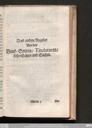 Das andere Register Von den Brief-Sorten, Titulaturen, Lehr-Sätzen und Sachen.