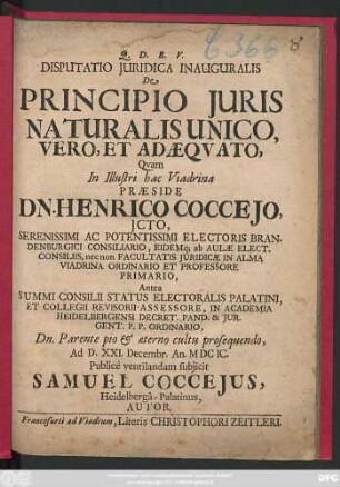 Disputatio Iuridica Inauguralis De Principio Iuris Naturalis Unico, Vero, Et Adaequato