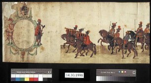 Aufzug einer Garde zu Pferd, rot und schwarz gekleidet