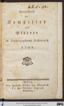 Verzeichniß der Domstifter und Pfarrer im Erzherzogthume Oesterreich 1791