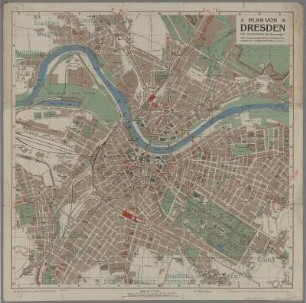 Stadtplan von Dresden, 1:15 000, Lithographie, ca. 1921 : Plan von Dresden : mit verbreiterten Straßenzügen ; nach vermessungsamtlichen Unterlagen bearbeitet / von C. C. Meinhold & Söhne. - 1:15 000. - Dresden : Meinhold , [ca. 1921]. - 1 Kt. : mehrfarb. ; 46 x 44 cm, gefaltet